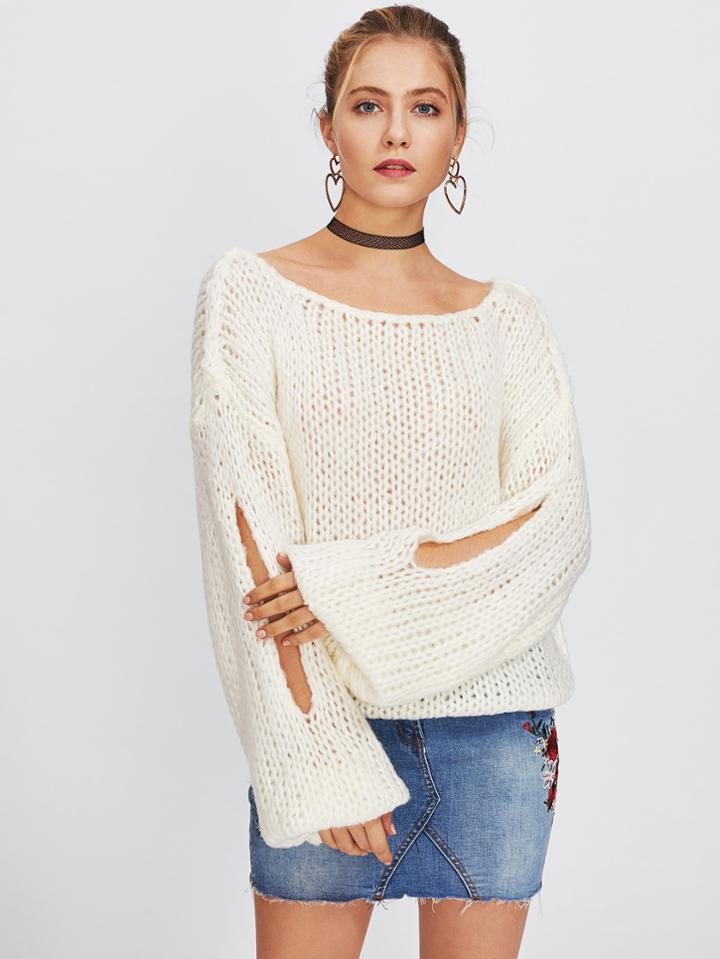 Romwe Drop Shoulder Split Sleeve Knit Sweater