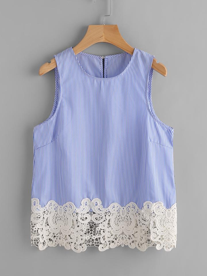Romwe Pinstripe Lace Hem Tank Top