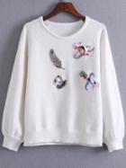 Romwe White Embroidery Raglan Sleeve Sweater With Sequin