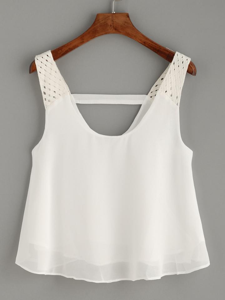 Romwe White Eyelet Crochet Strap Cutout Chiffon Top