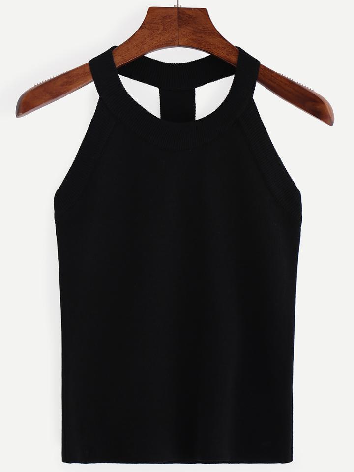 Romwe Knitted Slim Racerback Top - Black