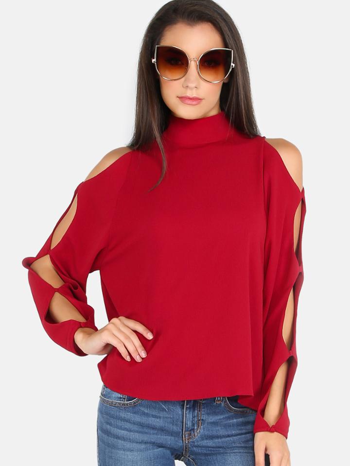 Romwe Turtleneck Open Sleeve Box Top Wine