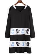 Romwe V Neck Cat Print Tunic Dress