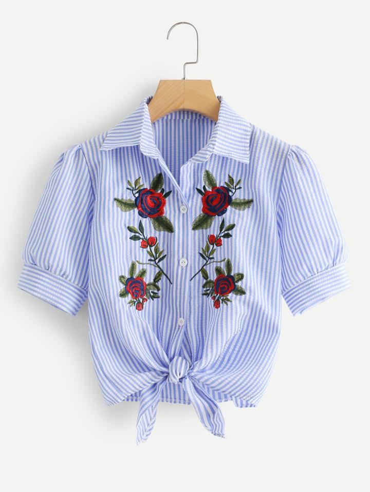 Romwe Floral Embroidered Knot Stripe Shirt