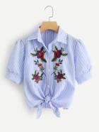 Romwe Floral Embroidered Knot Stripe Shirt