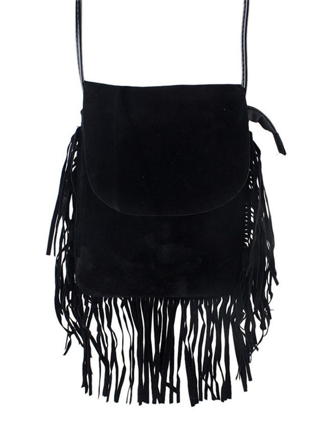 Romwe Black Pu Shoulder Fringes Bag
