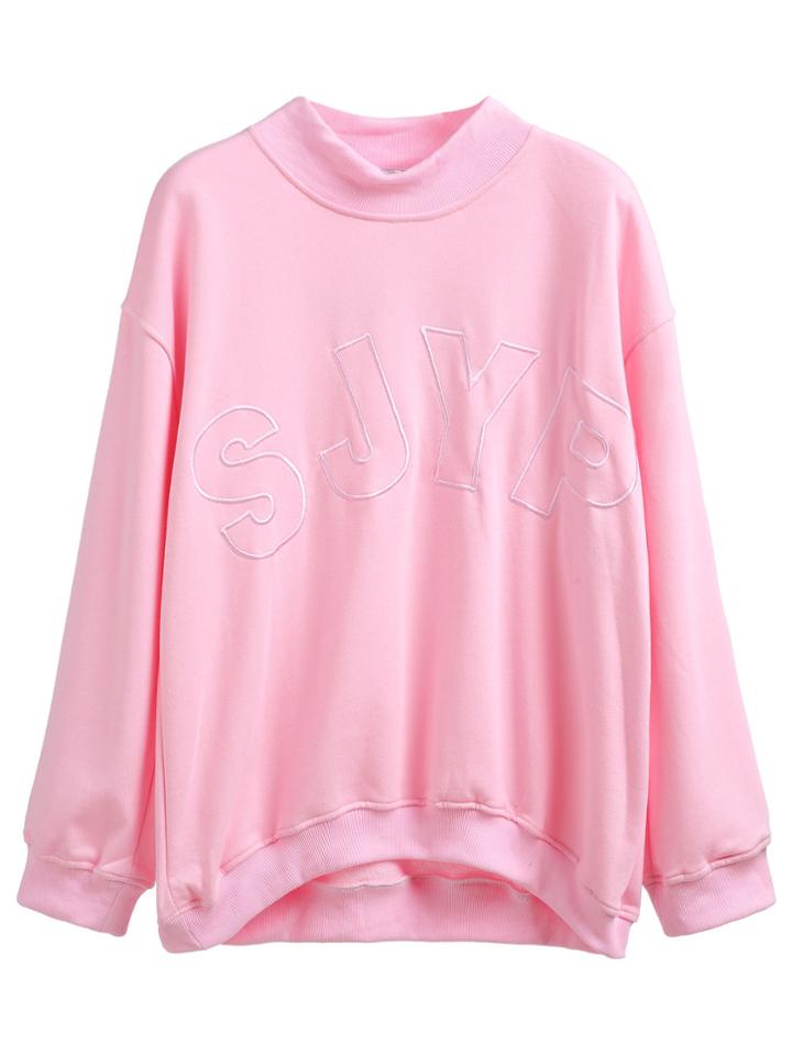 Romwe Pink Mock Neck Drop Shoulder Letter Embroidered Sweatshirt