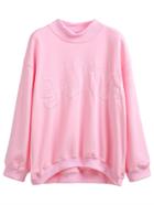 Romwe Pink Mock Neck Drop Shoulder Letter Embroidered Sweatshirt