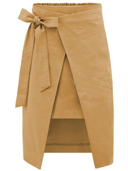 Romwe Bow-tie Waist Asymmetric Wrap Skirt - Khaki