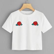 Romwe Flowers Embroidery Crop Tee