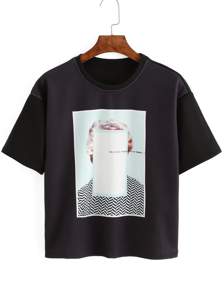 Romwe Crew Neck Print Black T-shirt