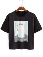 Romwe Crew Neck Print Black T-shirt