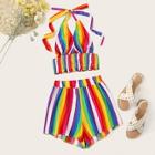 Romwe Plus Rainbow Stripe Shirred Halter Top & Shorts