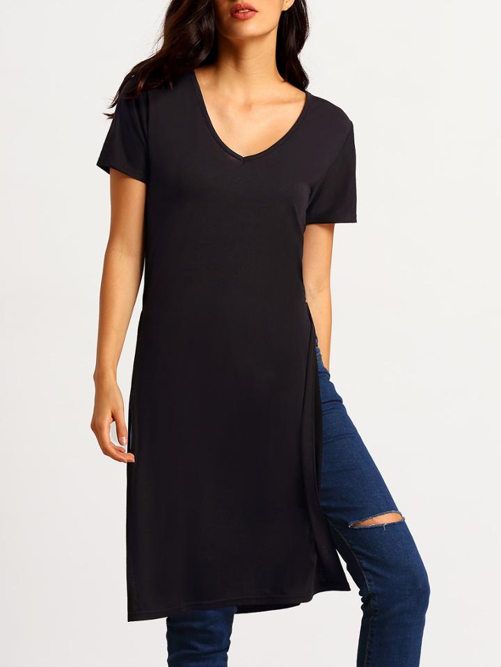 Romwe Black V Neck Split Side T-shirt
