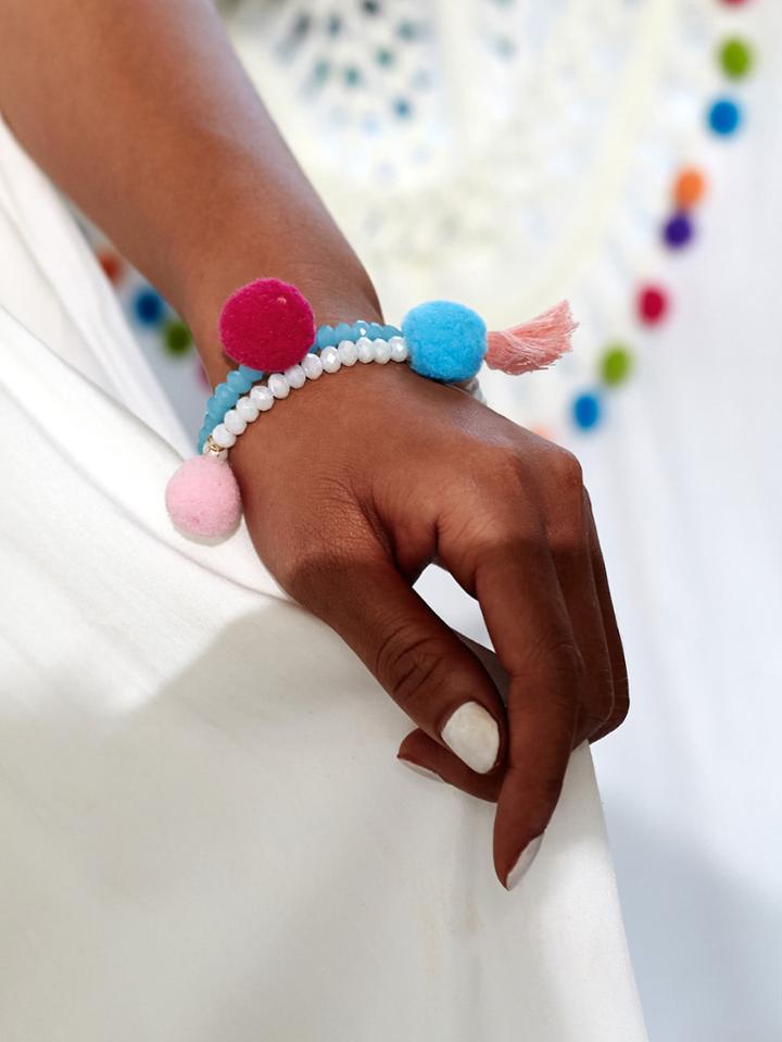 Romwe Pom Pom & Tassel Design Beaded Bracelet Set