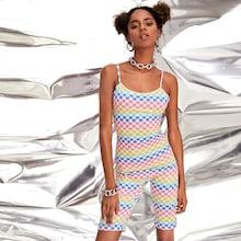 Romwe Colorful Checkered Print Zipper Back Unitard Playsuit
