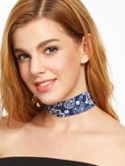Romwe Blue Paisley Print Wide Choker Necklace
