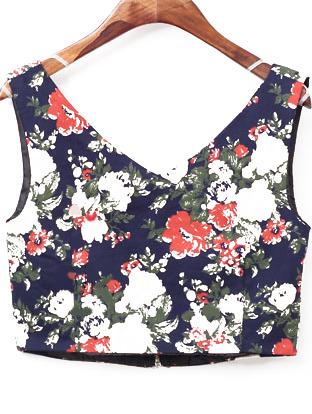 Romwe V Neck Floral Crop Blue Tank Top