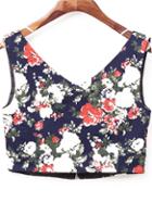 Romwe V Neck Floral Crop Blue Tank Top