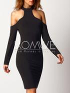 Romwe Black Cold Shoulder Keyhole Back Sheath Dress