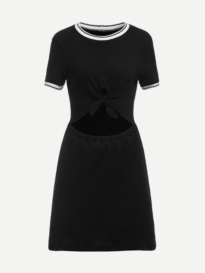 Romwe Cut Out Front Striped Trim Dress