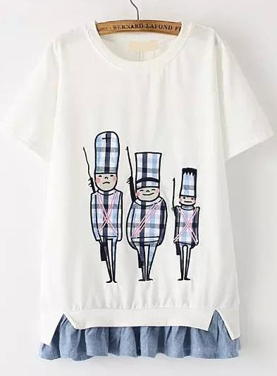 Romwe Contrast Denim Hem Soldier Print White T-shirt