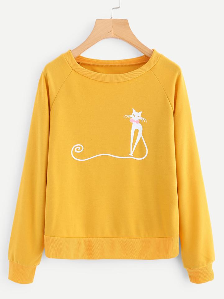 Romwe Cat Print Raglan Sweatshirt