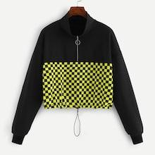 Romwe Checker Drawstring Sweatshirt