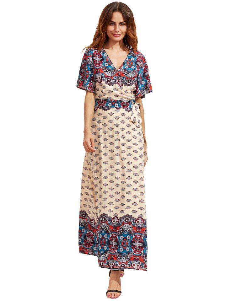 Romwe Apricot Print V Neck Half Sleeve Split Dress