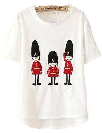 Romwe Soldier Print Dip Hem White T-shirt