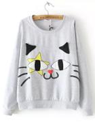 Romwe Cat Print Embroidered Patch Grey Sweatshirt