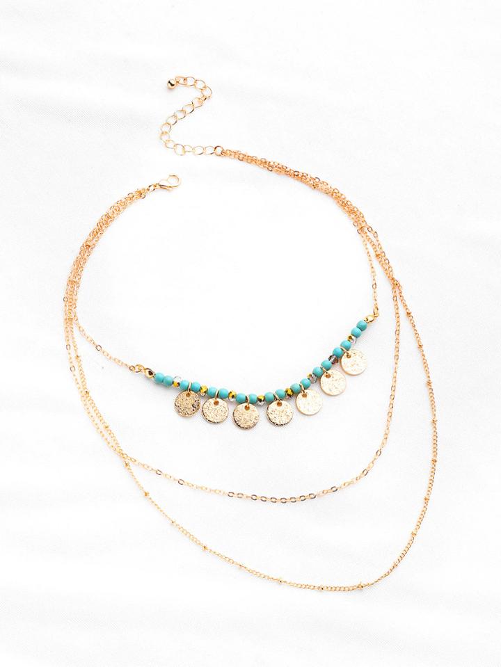 Romwe Turquoise & Sequin Layered Necklace