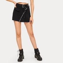 Romwe Zip Up Belted Denim Skirt