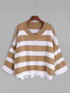 Romwe Striped V Neck Drop Shoulder Loose Sweater