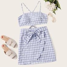 Romwe Gingham Lace Up Cami Top With Tie Front Wrap Skirt