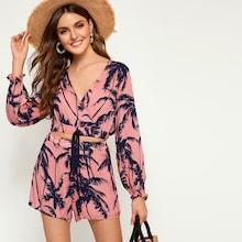 Romwe Coconut Trees Print Drawstring Top & Shorts