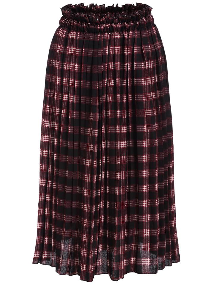 Romwe Elastic Waist Plaid Pleated Burgundy Skirt