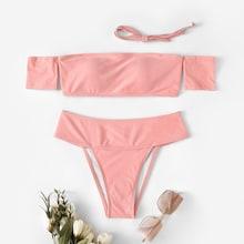 Romwe Off The Shoulder Plain Bikini Set