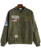 Romwe Letter Embroidered Patch Army Green Jacket