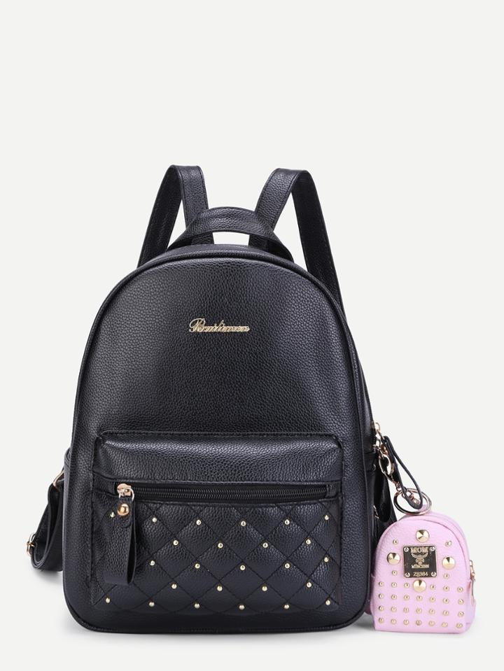 Romwe Studded Pu Backpack With Mini Backpack Charm