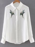 Romwe White Long Sleeve Buttons Front Embroidery Blouse