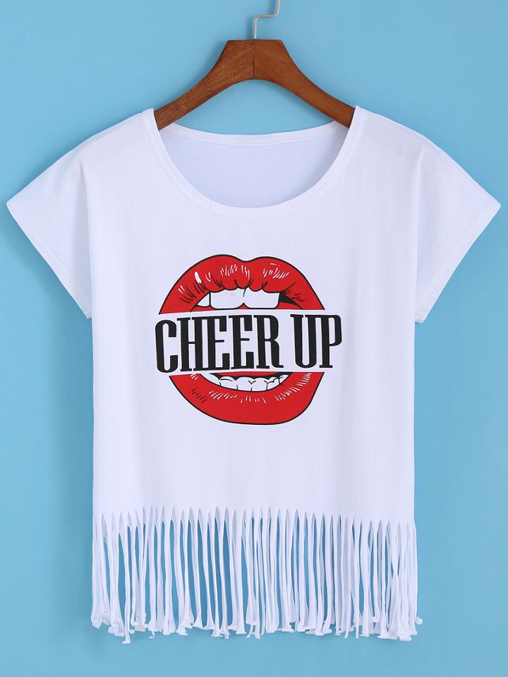 Romwe Lip Print Tassel T-shirt
