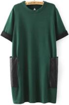 Romwe Contrast Pu Leather Pockets Knit Green Dress
