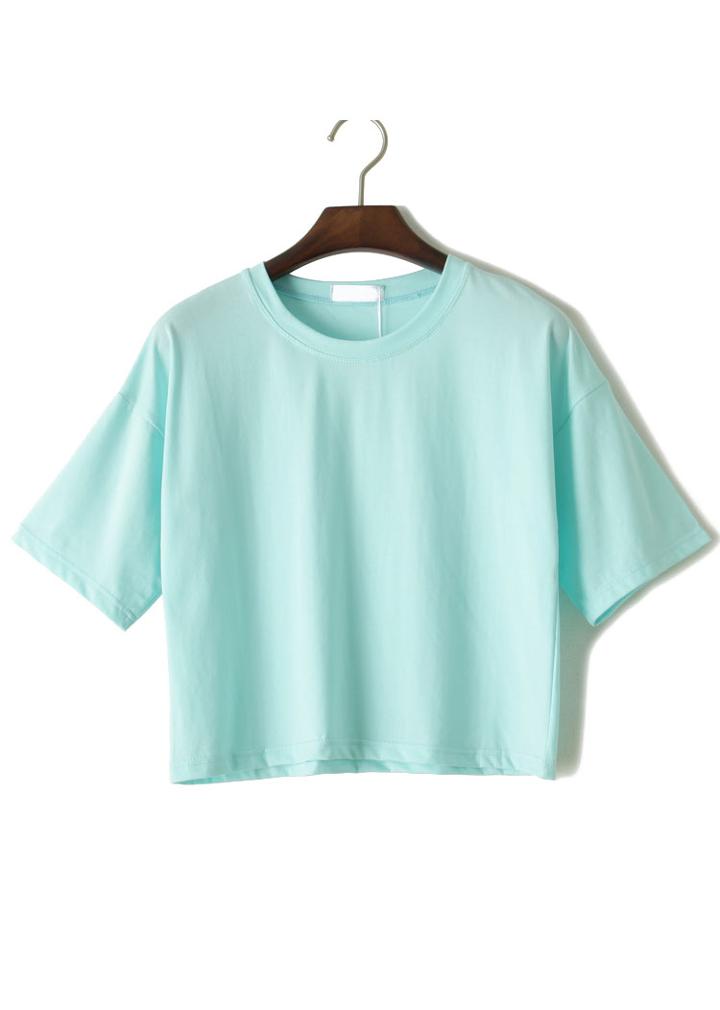 Romwe Round Neck Crop Light Blue T-shirt