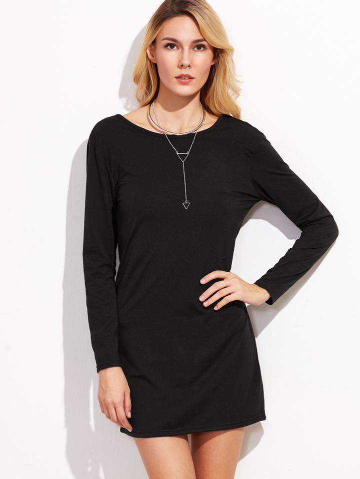 Romwe Black Open Back Tee Dress