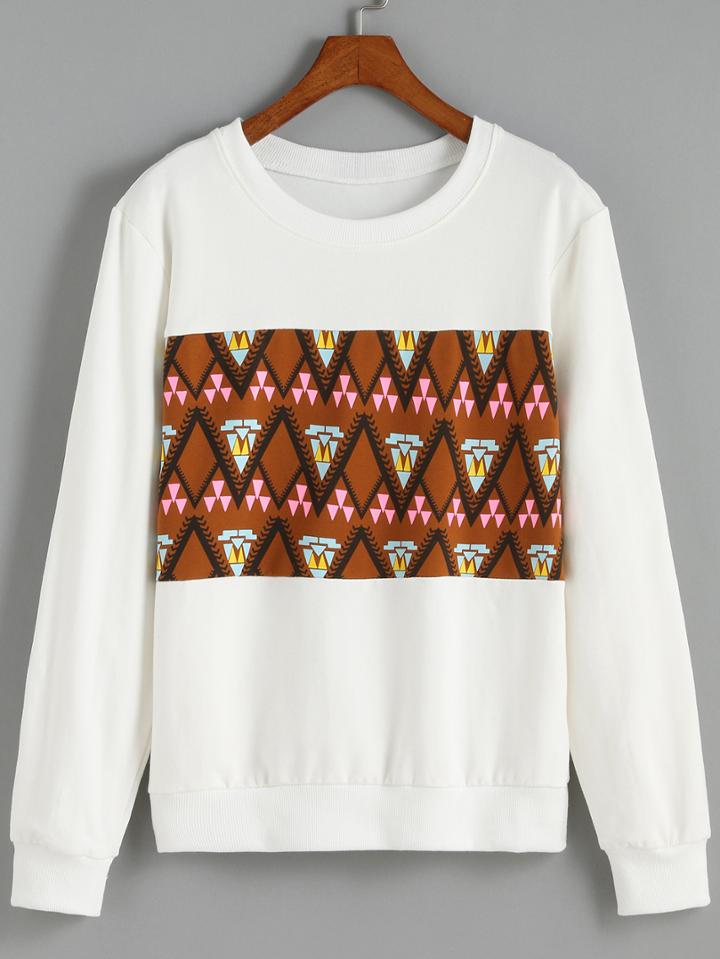 Romwe Round Neck Geometric Print White Sweatshirt