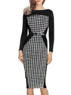 Romwe Color-block Long Sleeve Houndstooth Pencil Dress