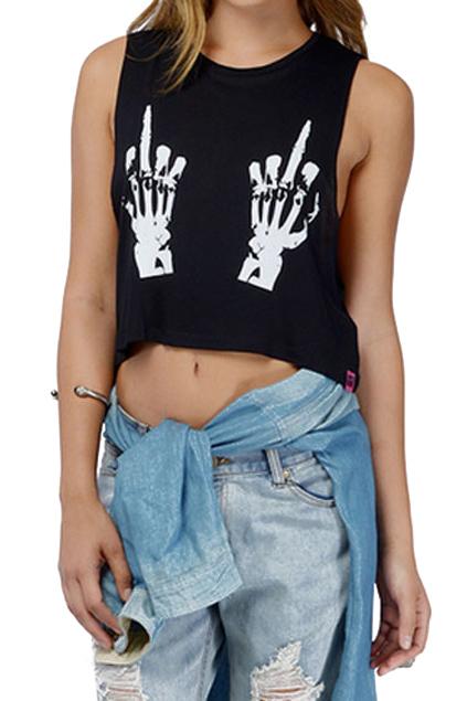Romwe Double Cool Hands Print Black Tank Top