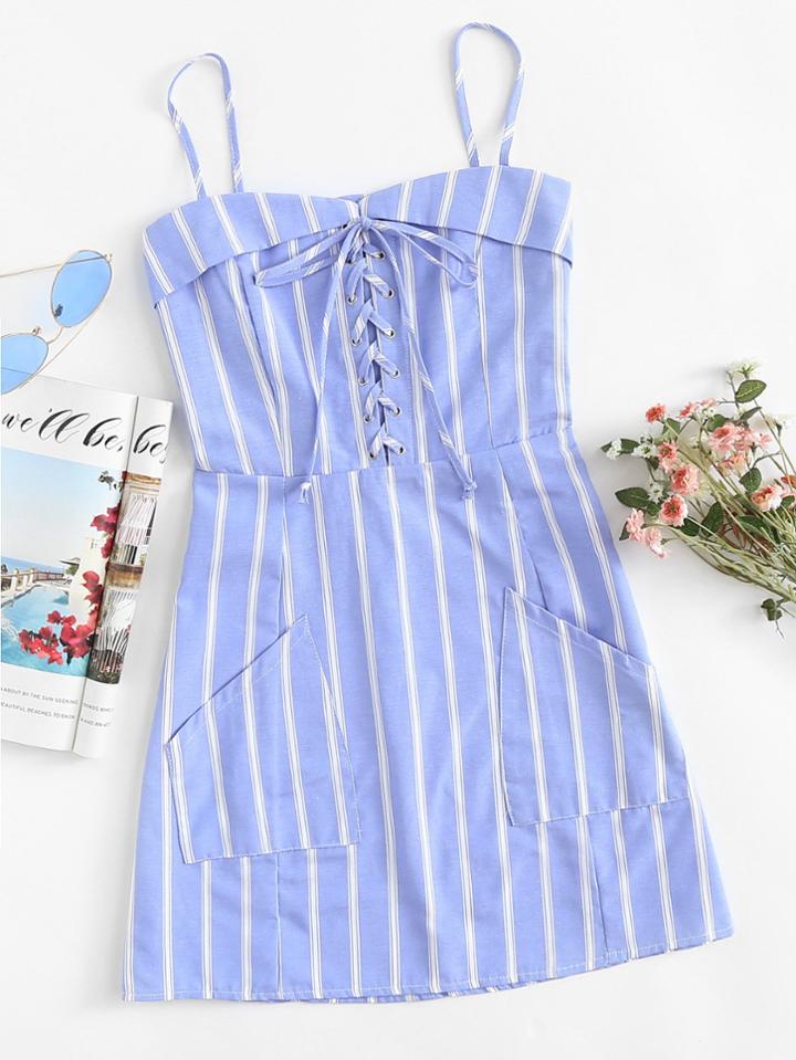 Romwe Eyelet Lace Up Striped Cami Dress