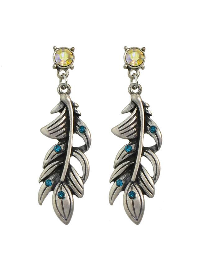 Romwe Blue Rhinestone Leaf Drop Earrings
